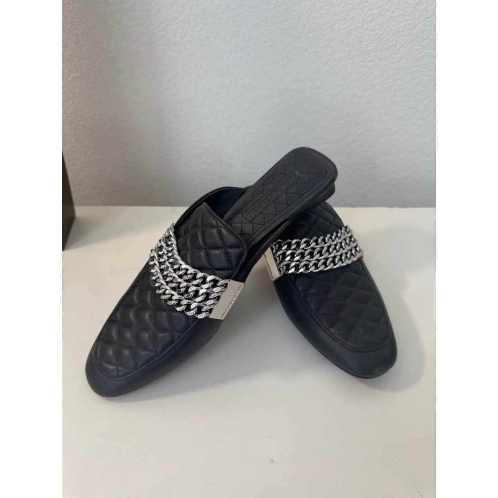 Karl Lagerfeld Black Quilted Leather Chain Trim Slip On Mules Heels 11